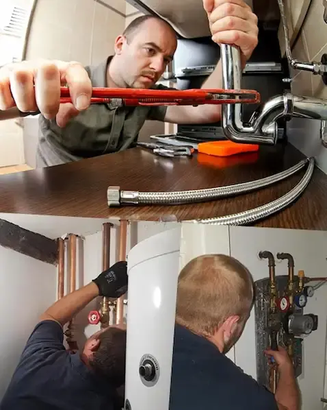 Professional plumbers in Watford performing boiler repairs and under-sink plumbing maintenance.
