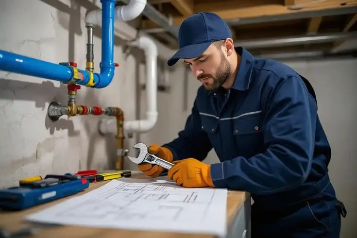 A professional emergency plumber in Watford reviewing technical plumbing blueprints for an urgent residential repair.