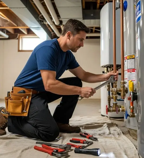 A skilled emergency plumber in Watford using a wrench to repair a boiler and copper piping in a residential basement.
